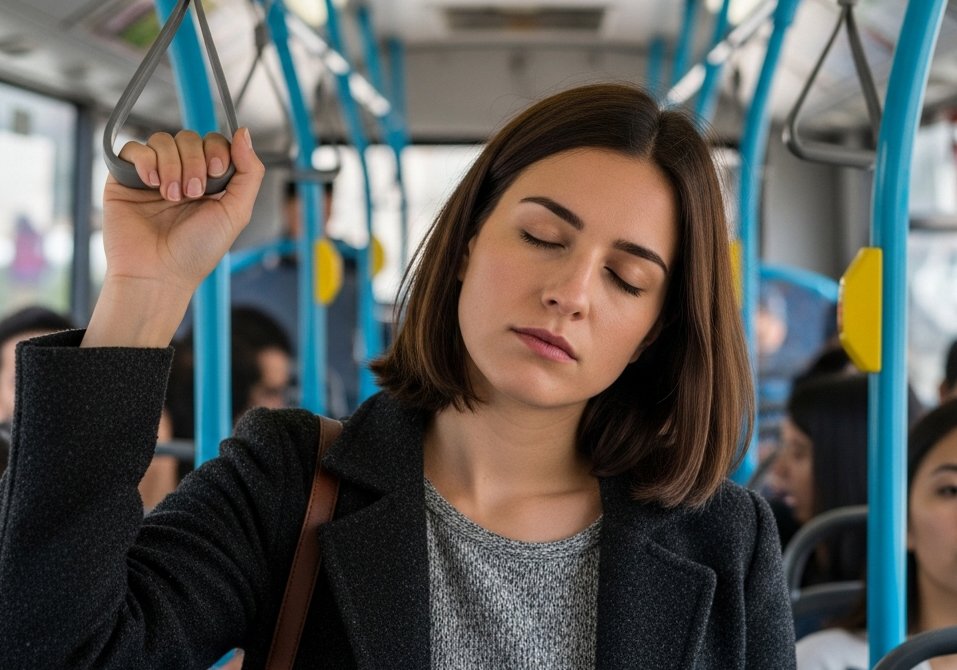 Девушка засыпает, стоя в автобусе